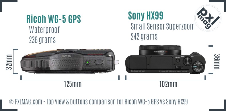 Ricoh WG-5 GPS vs Sony HX99 top view buttons comparison