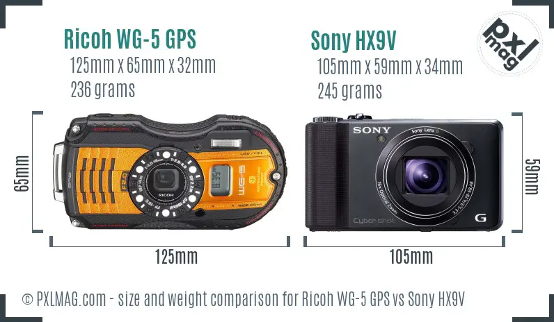 Ricoh WG-5 GPS vs Sony HX9V size comparison