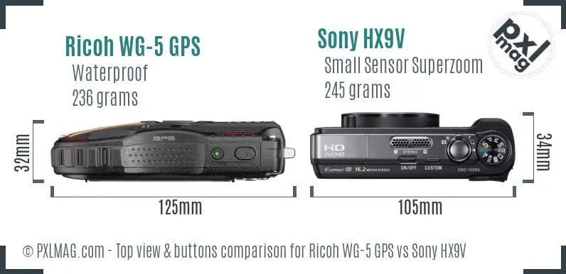 Ricoh WG-5 GPS vs Sony HX9V top view buttons comparison