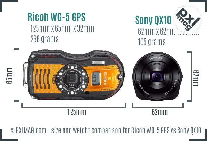 Ricoh WG-5 GPS vs Sony QX10 size comparison