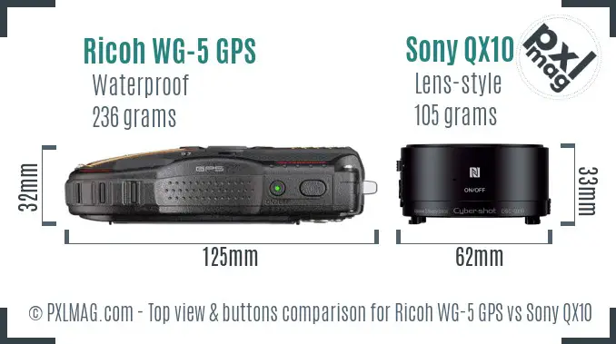 Ricoh WG-5 GPS vs Sony QX10 top view buttons comparison