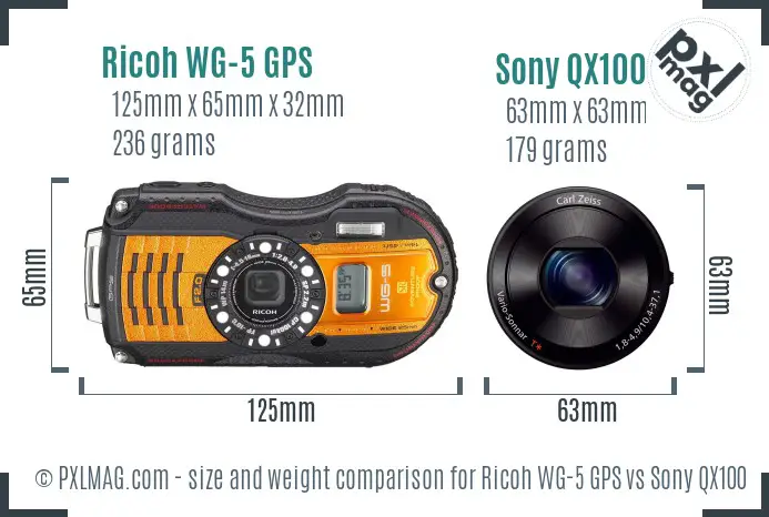 Ricoh WG-5 GPS vs Sony QX100 size comparison