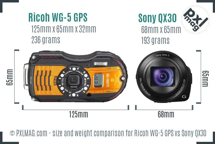 Ricoh WG-5 GPS vs Sony QX30 size comparison Ricoh WG-5 GPS vs Sony QX30 size comparison