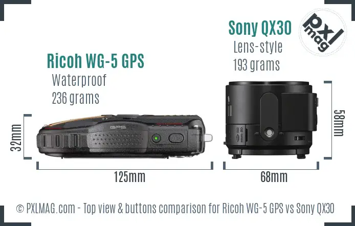 Ricoh WG-5 GPS vs Sony QX30 top view buttons comparison Ricoh WG-5 GPS vs Sony QX30 top view buttons comparison