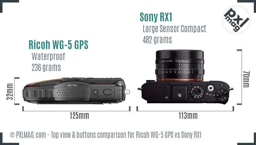 Ricoh WG-5 GPS vs Sony RX1 top view buttons comparison Ricoh WG-5 GPS vs Sony RX1 top view buttons comparison