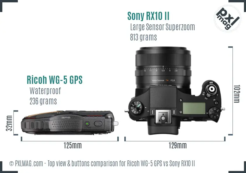 Ricoh WG-5 GPS vs Sony RX10 II top view buttons comparison Ricoh WG-5 GPS vs Sony RX10 II top view buttons comparison