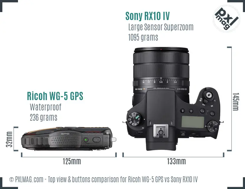 Ricoh WG-5 GPS vs Sony RX10 IV top view buttons comparison