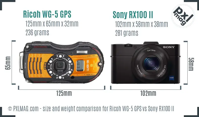 Ricoh WG-5 GPS vs Sony RX100 II size comparison