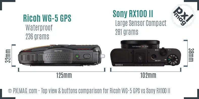 Ricoh WG-5 GPS vs Sony RX100 II top view buttons comparison
