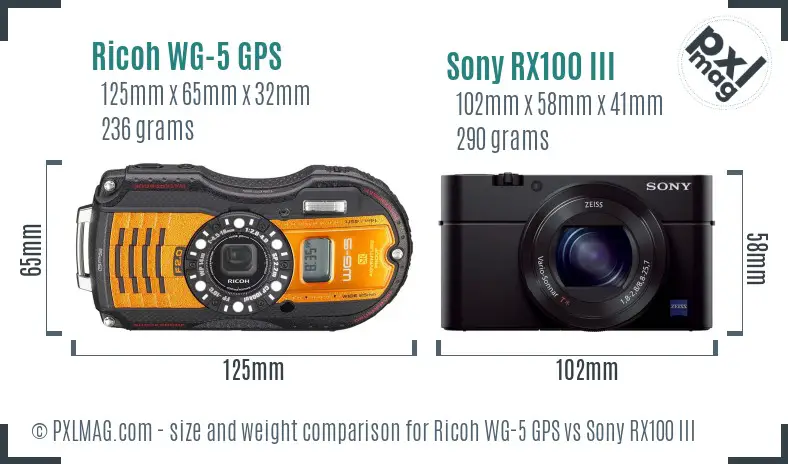 Ricoh WG-5 GPS vs Sony RX100 III size comparison