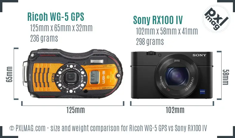 Ricoh WG-5 GPS vs Sony RX100 IV size comparison