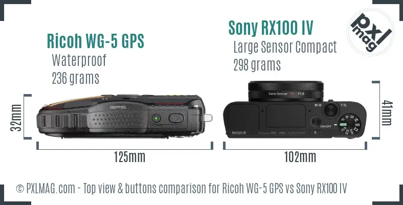 Ricoh WG-5 GPS vs Sony RX100 IV top view buttons comparison