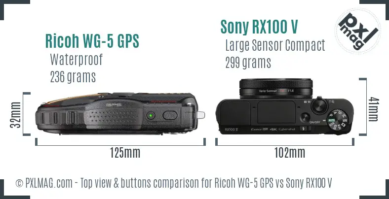 Ricoh WG-5 GPS vs Sony RX100 V top view buttons comparison