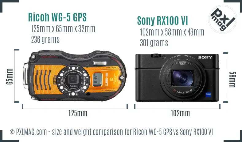 Ricoh WG-5 GPS vs Sony RX100 VI size comparison