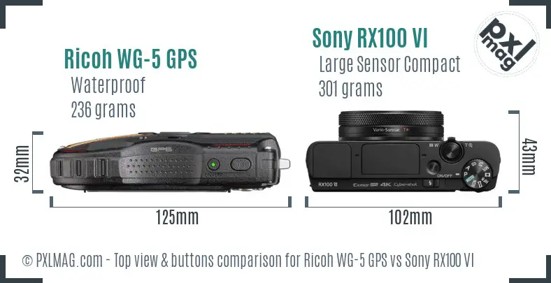 Ricoh WG-5 GPS vs Sony RX100 VI top view buttons comparison