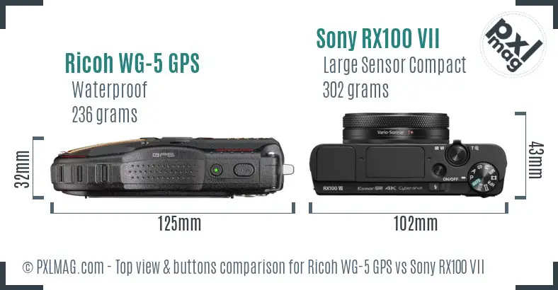 Ricoh WG-5 GPS vs Sony RX100 VII top view buttons comparison