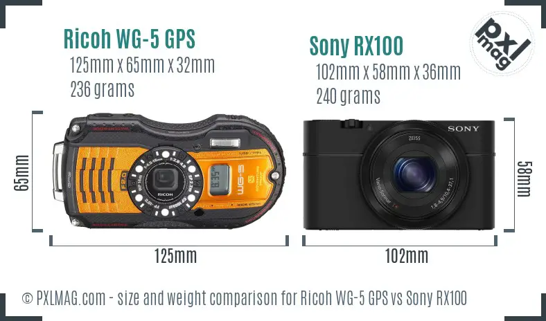 Ricoh WG-5 GPS vs Sony RX100 size comparison