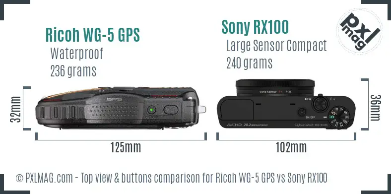 Ricoh WG-5 GPS vs Sony RX100 top view buttons comparison