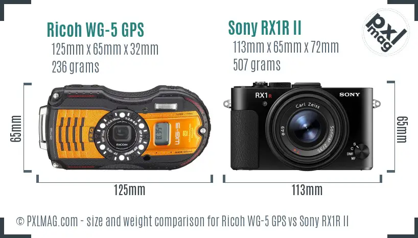 Ricoh WG-5 GPS vs Sony RX1R II size comparison