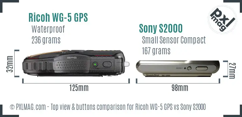 Ricoh WG-5 GPS vs Sony S2000 top view buttons comparison