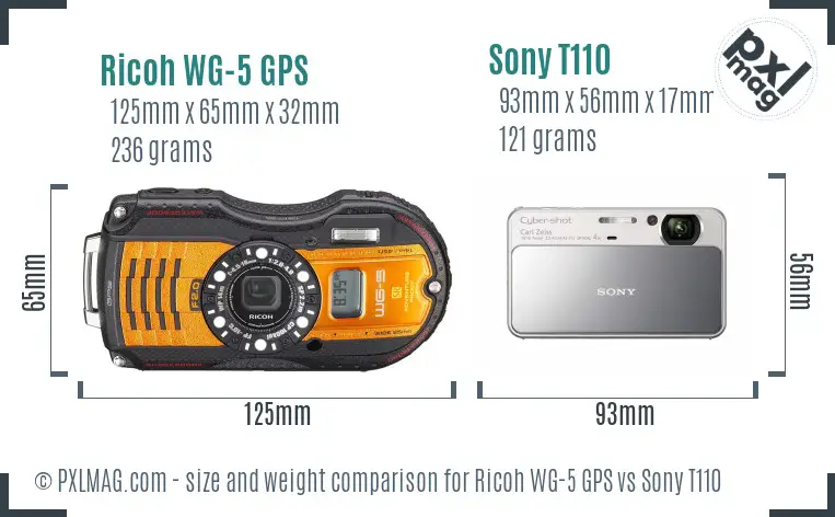 Ricoh WG-5 GPS vs Sony T110 size comparison