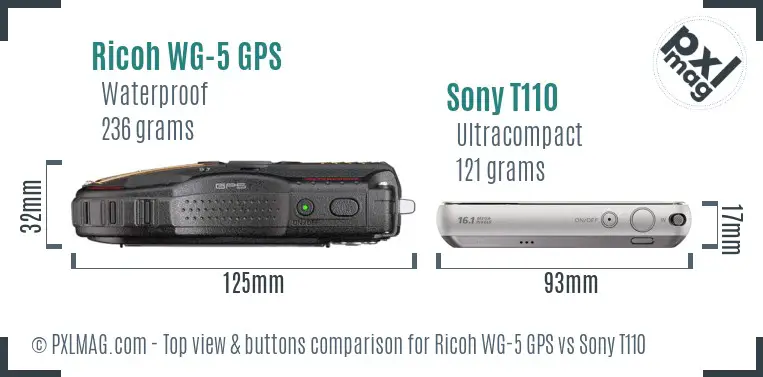 Ricoh WG-5 GPS vs Sony T110 top view buttons comparison