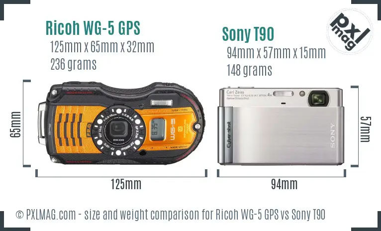 Ricoh WG-5 GPS vs Sony T90 size comparison