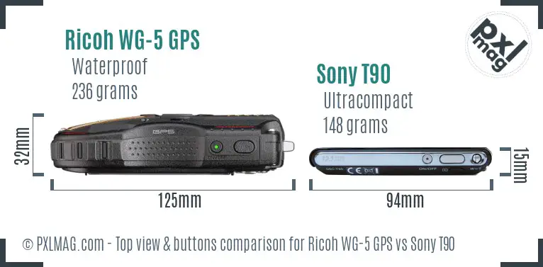 Ricoh WG-5 GPS vs Sony T90 top view buttons comparison