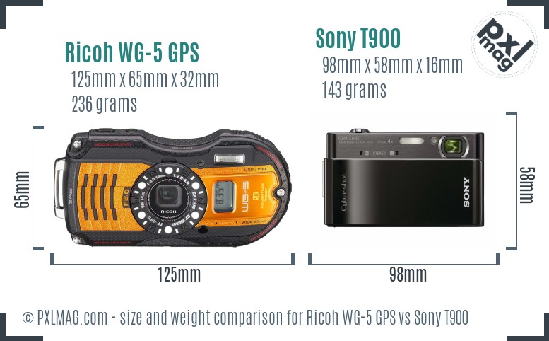 Ricoh WG-5 GPS vs Sony T900 size comparison