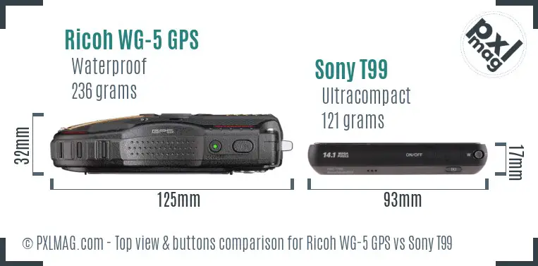 Ricoh WG-5 GPS vs Sony T99 top view buttons comparison