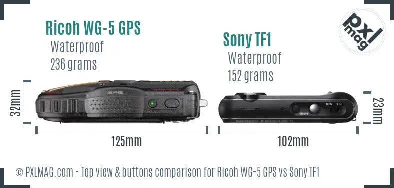 Ricoh WG-5 GPS vs Sony TF1 top view buttons comparison