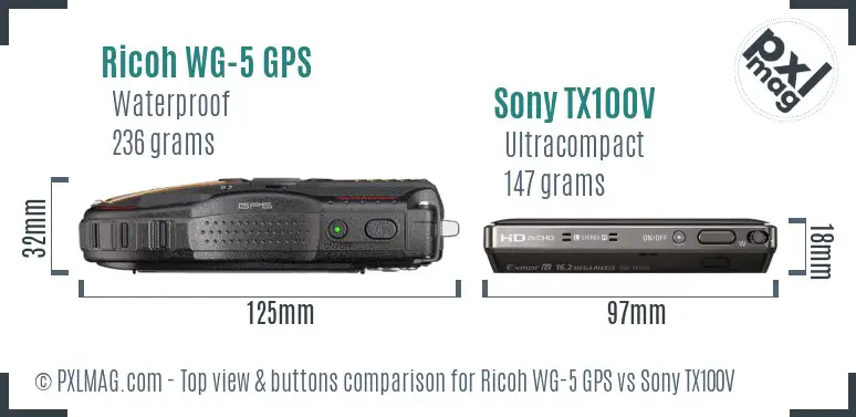 Ricoh WG-5 GPS vs Sony TX100V top view buttons comparison