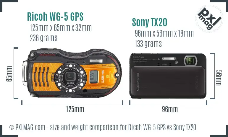 Ricoh WG-5 GPS vs Sony TX20 size comparison
