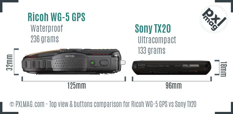 Ricoh WG-5 GPS vs Sony TX20 top view buttons comparison
