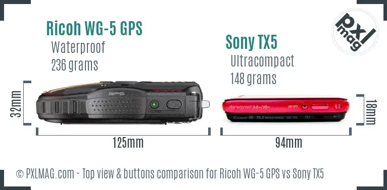 Ricoh WG-5 GPS vs Sony TX5 top view buttons comparison