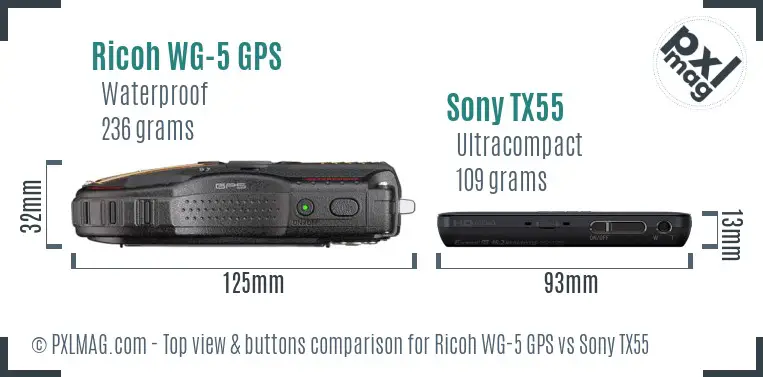 Ricoh WG-5 GPS vs Sony TX55 top view buttons comparison