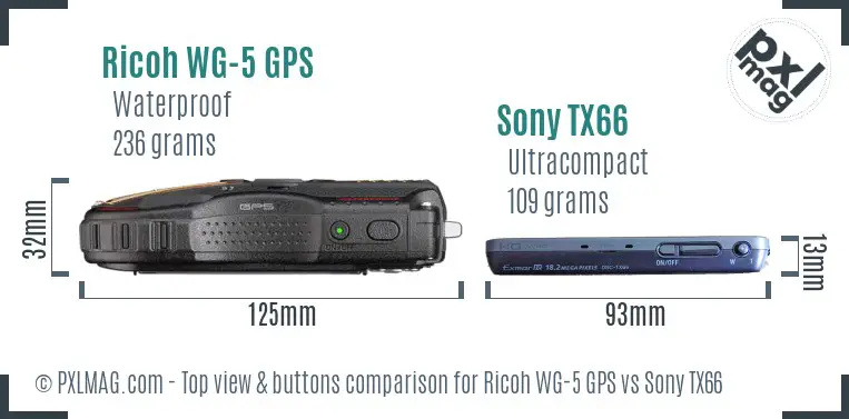 Ricoh WG-5 GPS vs Sony TX66 top view buttons comparison