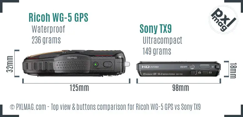 Ricoh WG-5 GPS vs Sony TX9 top view buttons comparison