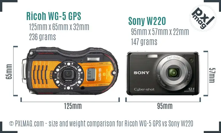 Ricoh WG-5 GPS vs Sony W220 size comparison