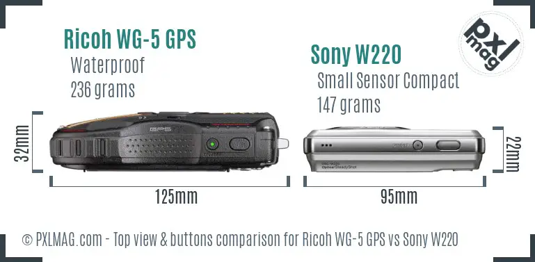Ricoh WG-5 GPS vs Sony W220 top view buttons comparison