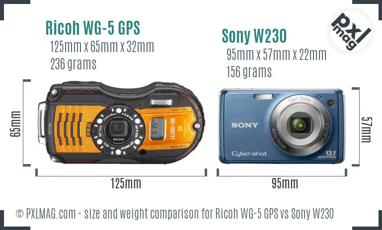 Ricoh WG-5 GPS vs Sony W230 size comparison