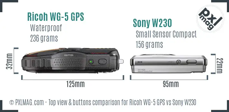 Ricoh WG-5 GPS vs Sony W230 top view buttons comparison