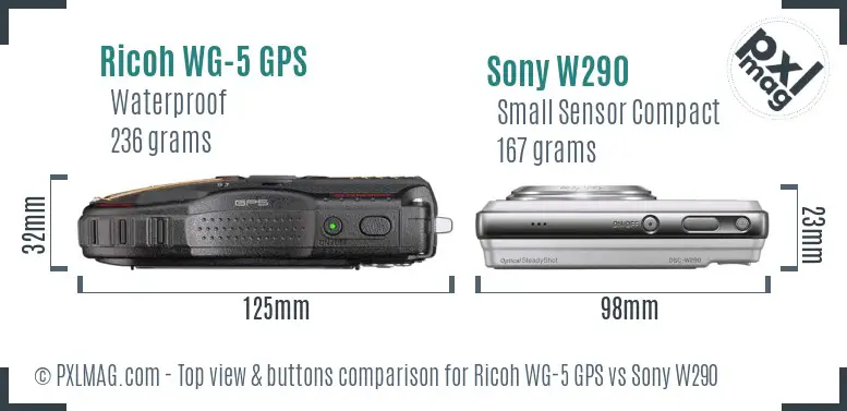 Ricoh WG-5 GPS vs Sony W290 top view buttons comparison