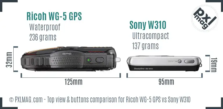 Ricoh WG-5 GPS vs Sony W310 top view buttons comparison