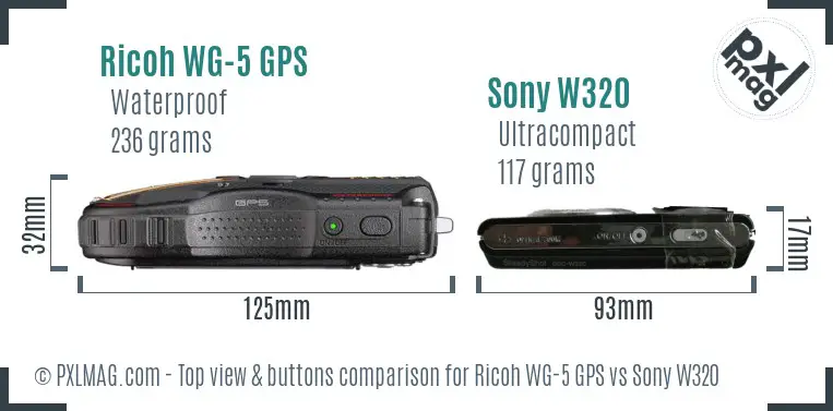 Ricoh WG-5 GPS vs Sony W320 top view buttons comparison