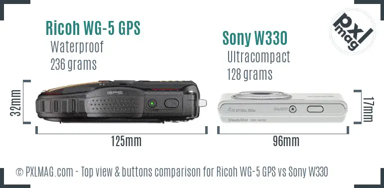 Ricoh WG-5 GPS vs Sony W330 top view buttons comparison