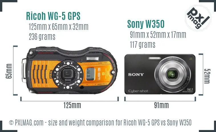 Ricoh WG-5 GPS vs Sony W350 size comparison