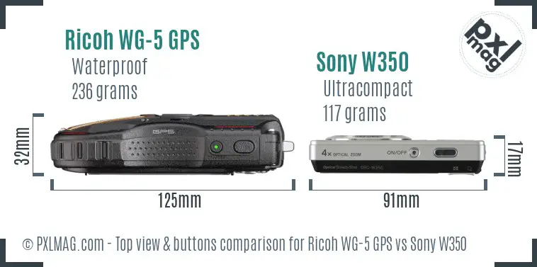 Ricoh WG-5 GPS vs Sony W350 top view buttons comparison