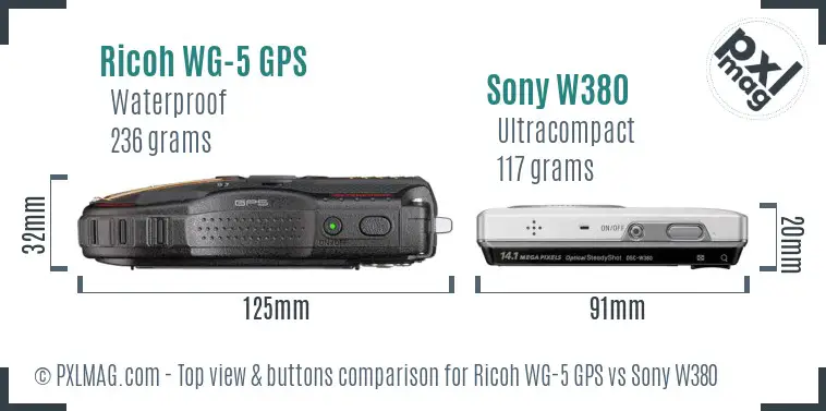 Ricoh WG-5 GPS vs Sony W380 top view buttons comparison