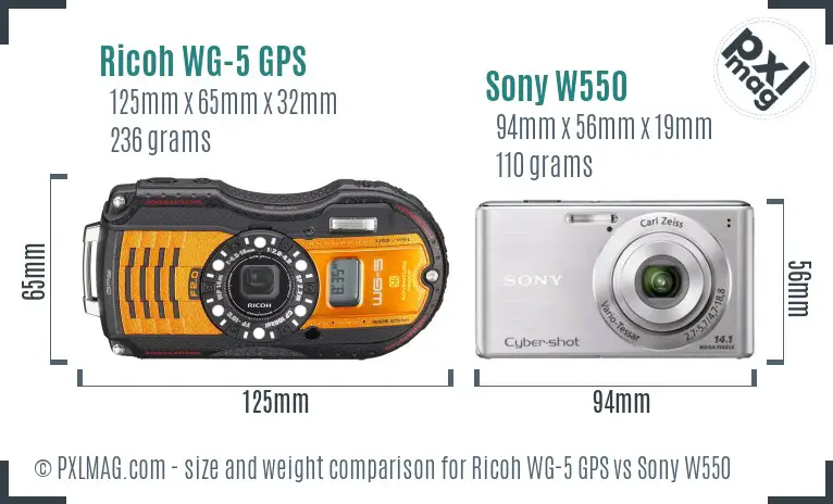 Ricoh WG-5 GPS vs Sony W550 size comparison